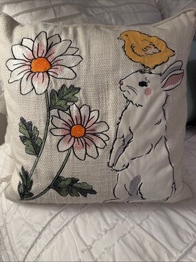 Cream Bunny & Chick Embroidered Accent Pillow with Pink Daisies